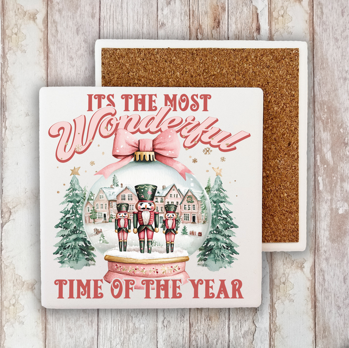 Pink Christmas Nutcracker Snow Globe Stone Coaster