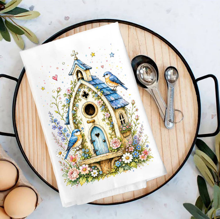 Watercolor Birdhouse Blue Flowers Tea Towel