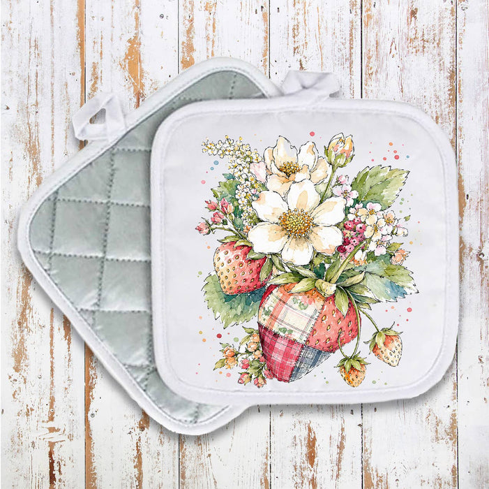 Watercolor Quilted Strawberry Pot Holder