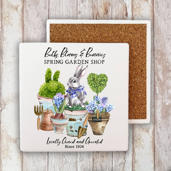 Spring Garden Flowers Bunnies Stone Coaster