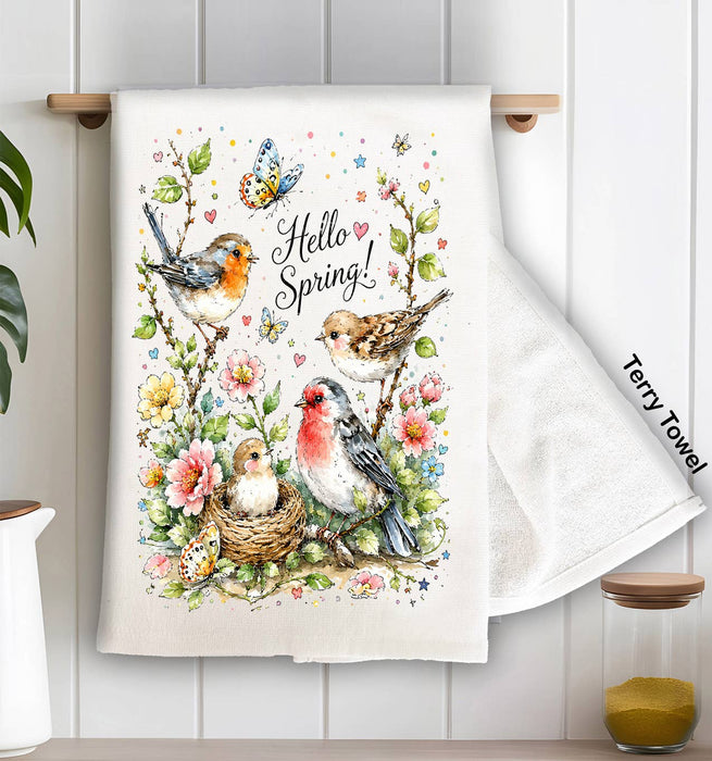 Hello Spring Flowers Birds Kitchen Terry Towel