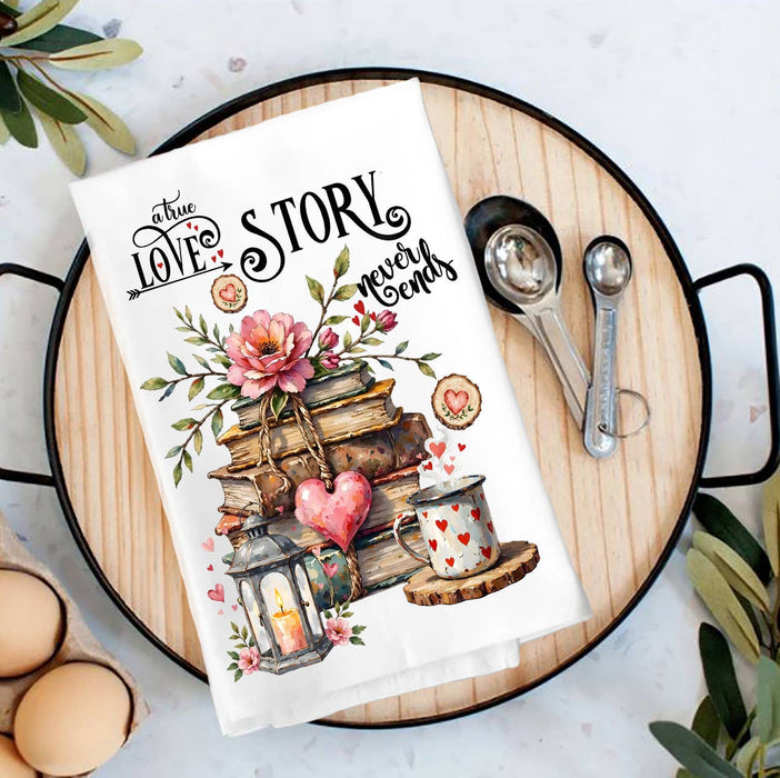 Love Story Never Ends Heart Tea Towel
