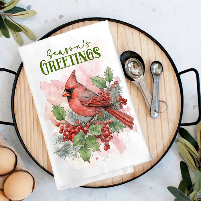 Christmas Seaons Greeting red Cardinal Tea Towel