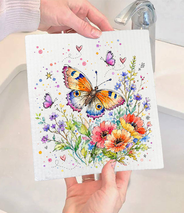 Whimsical Butterflies Flowers Swedish Dishcloth