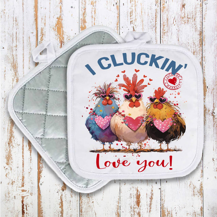 I Cluckin' Love You Chickens Valentine Pot Holder Oven Mitt