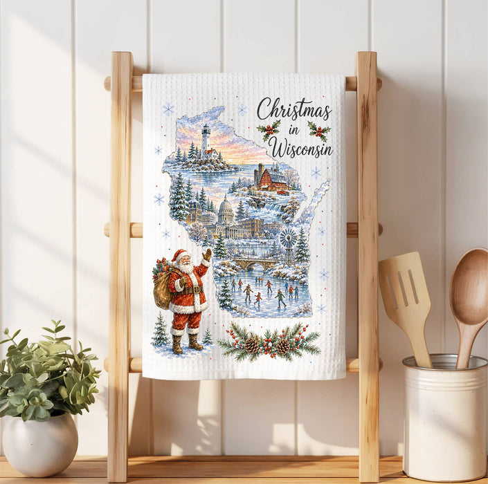 Christmas in Wisconsin State Map Waffle Weave Towel