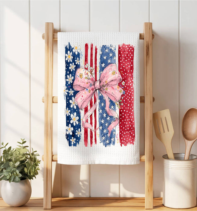 Patriotic red White Blue Bow Waffle Weave Towel