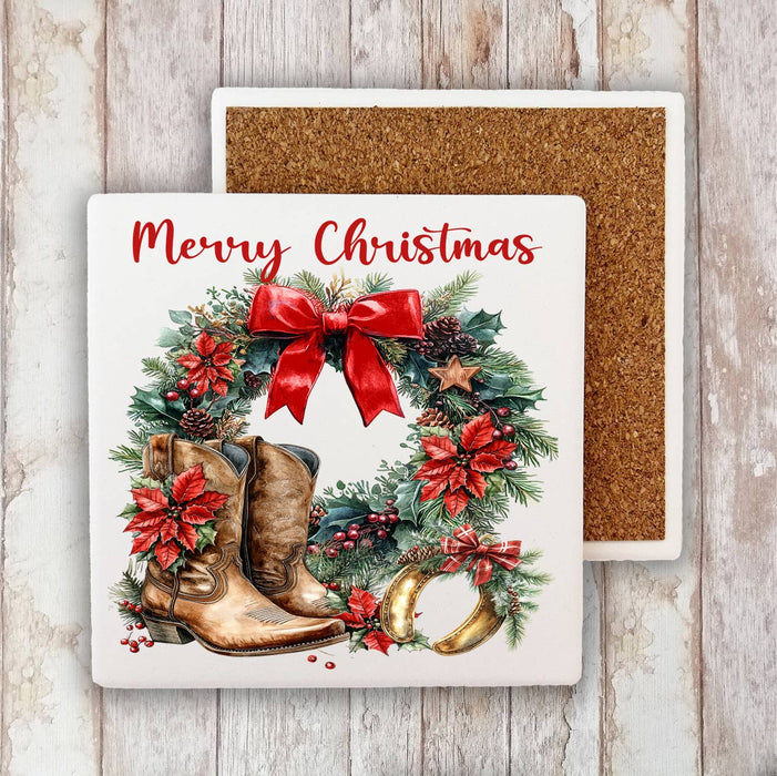 Country Christmas Poinsetta Western Stone Coaster