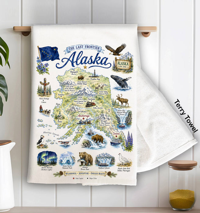 Alaska State Map Landmark Kitchen Terry Towel
