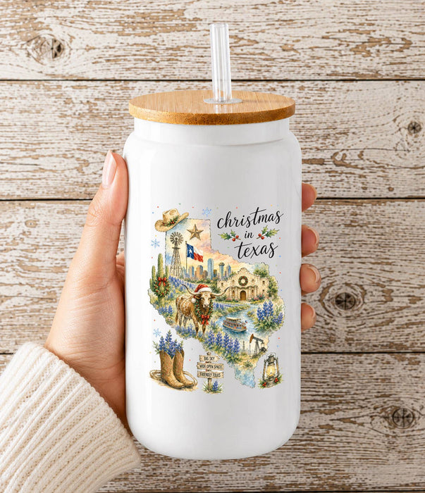 Christmas in Texas State Map Glass Cup