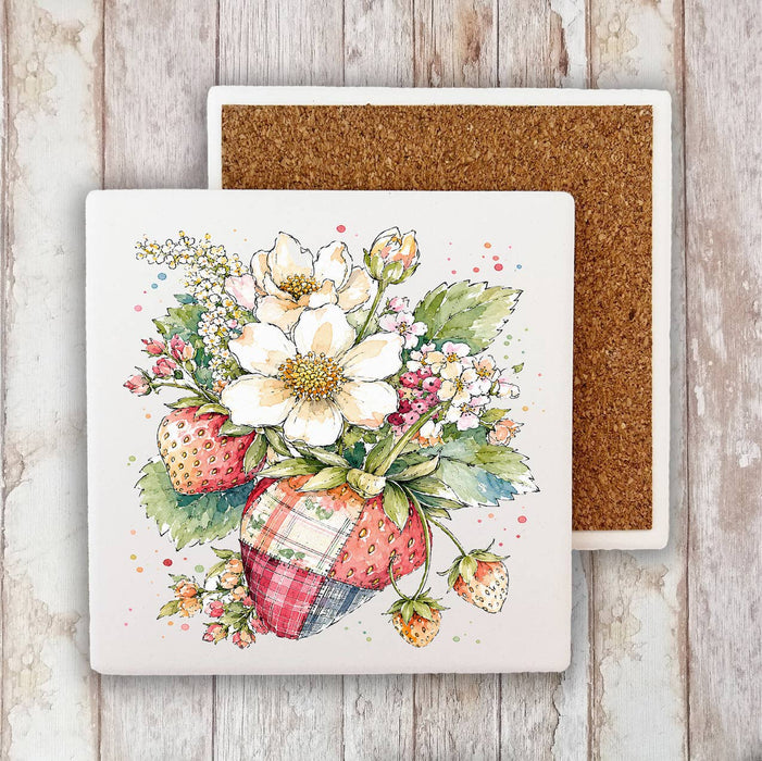 Watercolor Quilted Strawberry Stone Coaster