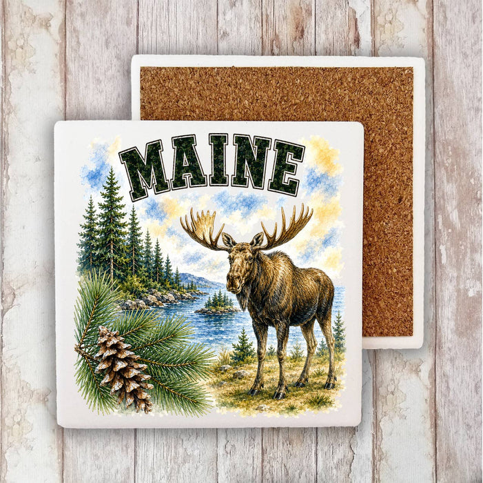 Maine State Bird and Animal Stone Coaster