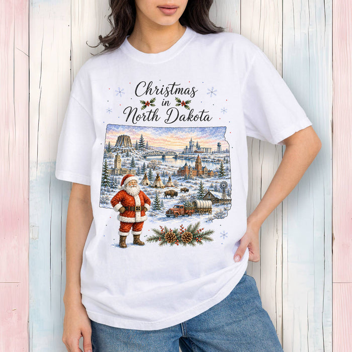 Christmas in North Dakota State Map T-Shirt