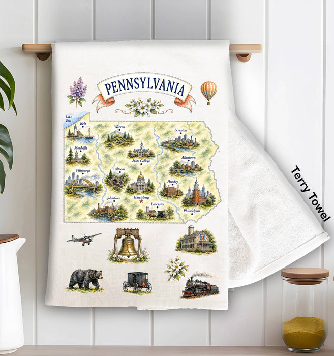 Pennsylvania State Map Landmark Kitchen Terry Towel