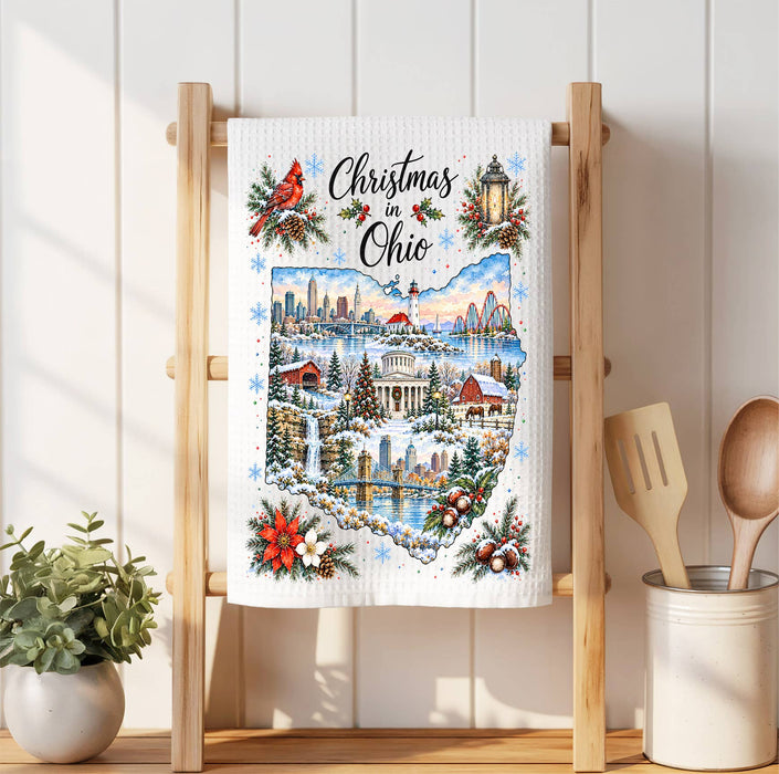 Christmas in Ohio State Map Waffle Weave Towel