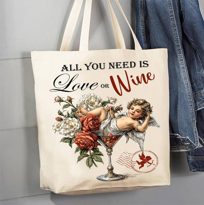 All I need is Love or Wine Cupid Canvas Tote Bag