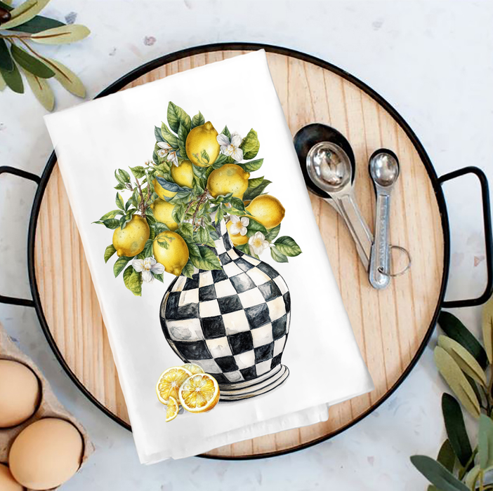 Checkered Vase with Lemons Tea Towel