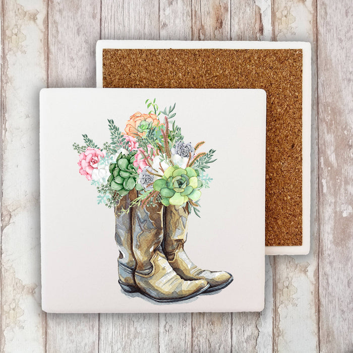 Western Cowboy Boots Succulent Southwestern Stone Coaster