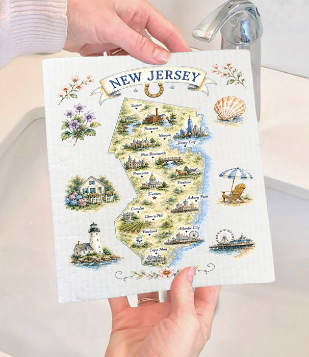 New Jersey State Map Landmark Swedish Dishcloth