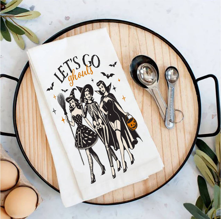 Halloween Retro Let's Go Ghouls Tea Towel