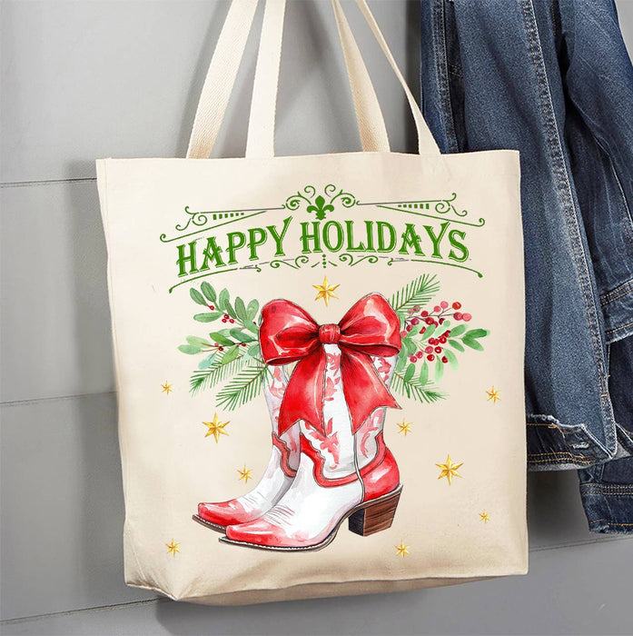 Christmas Happy Holidays Cowboy Boot Canvas Tote Bag