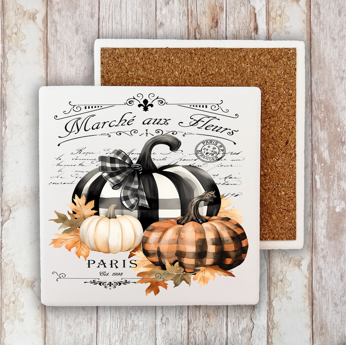 Fall French Black white Checkered Pumpkins Stone Coaster