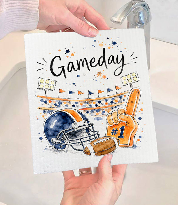 Gameday Football Navy Blue & Orange Swedish Dishcloth