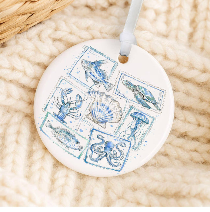 Coastal Blue Ocean Vintage Stamps Ornament