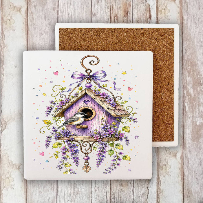 Lavender Whimsical Birdhouse Stone Coaster
