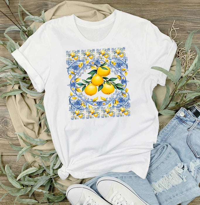 Mediterranean Blue Tiles Lemons T-Shirt