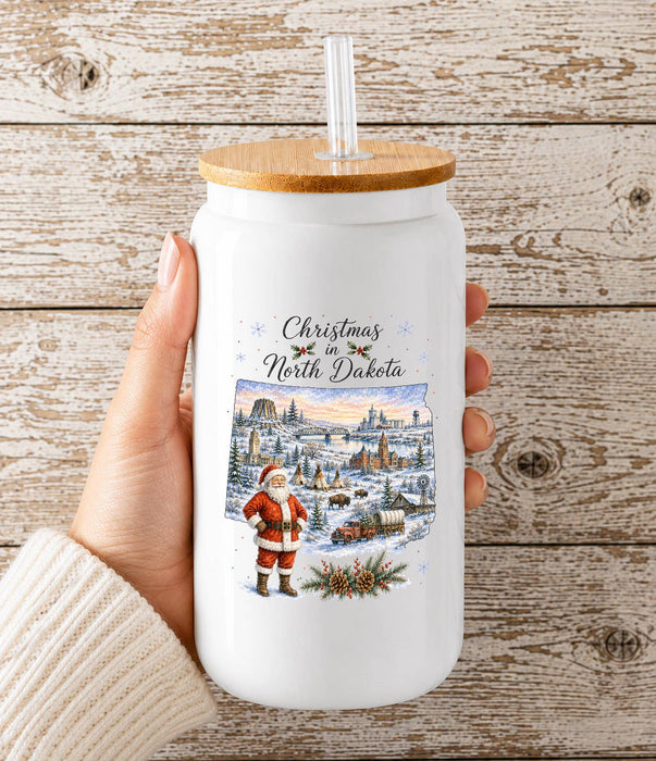 Christmas in North Dakota State Map Glass Cup