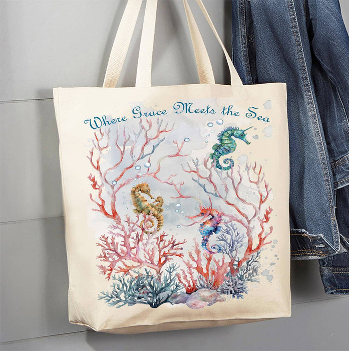 Grace Meets Sea Seahorses Beach Canvas Tote Bag