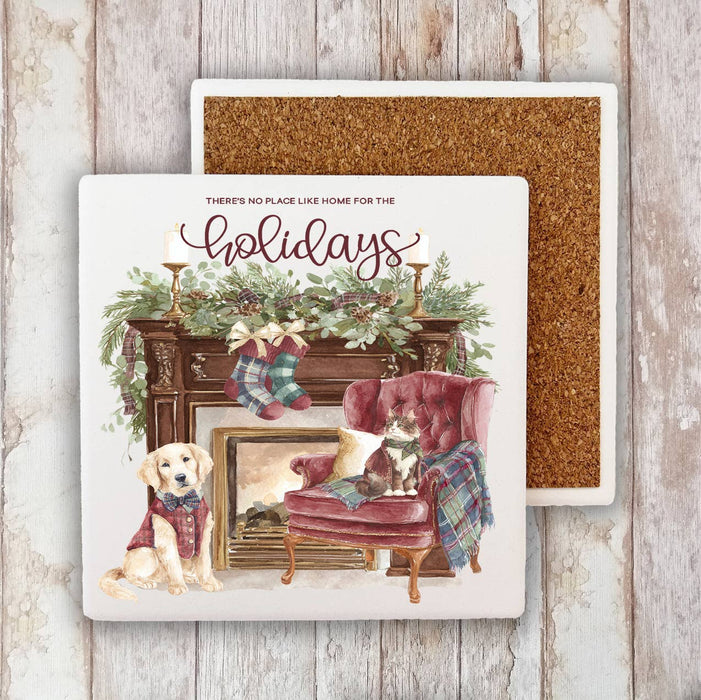 Christmas Home for The Holidays Fireplace Stone Coaster