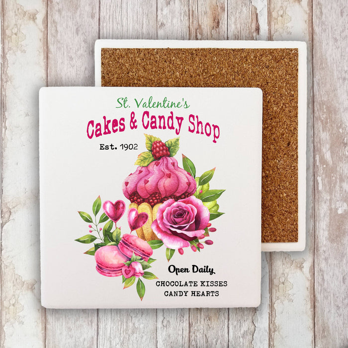 Valentine Cake & Candy Shop Flour Sack Stone Coaster