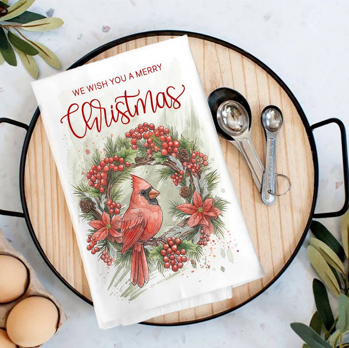 Christmas red Cardinak Wreath Tea Towel