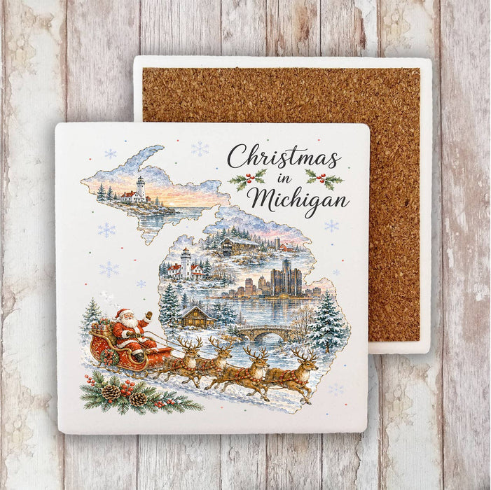 Christmas in Michigan State Map Stone Coaster
