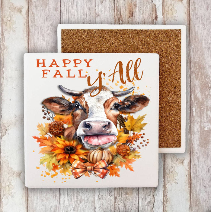 Autumn Happy Fall Y'All Cow Stone Coaster