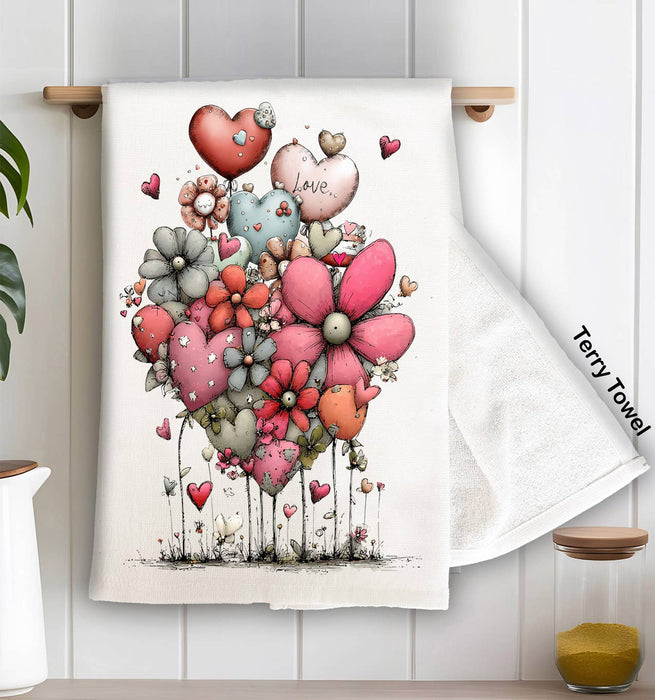 Valentine Whimsical Hearts Flowers Kitchen Terry Towel