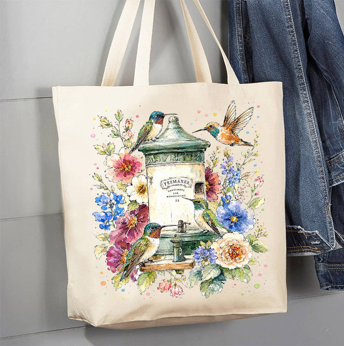 Spring Hummingbirds Flowers Feeder Canvas Tote Bag