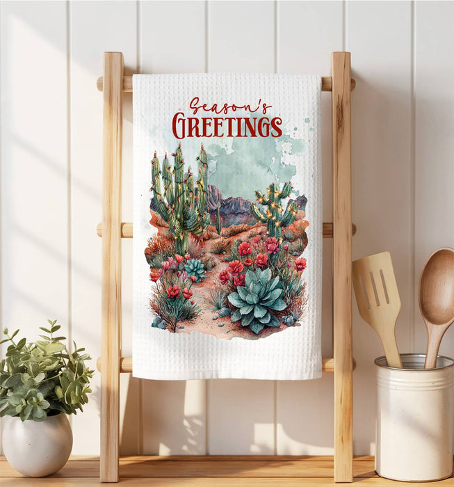 Christmas Seasons Greeting Desert Cactus Waffle Weave Towel