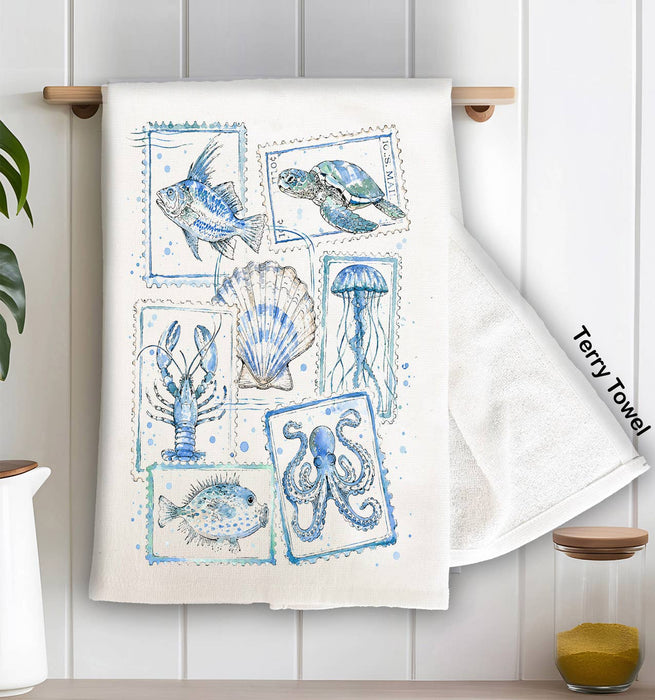 Coastal Blue Ocean Vintage Stamps Kitchen Terry Towel