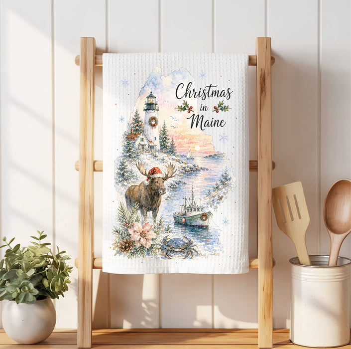 Christmas in Maine State Map Waffle Weave Towel
