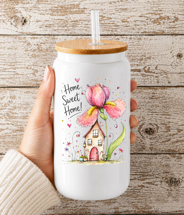 Home Sweet Home Spring Flowers Glass Cup