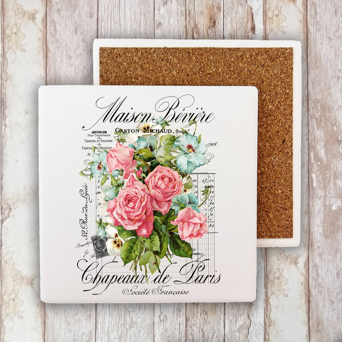 Vintage French Garden Roses Paris Stone Coaster
