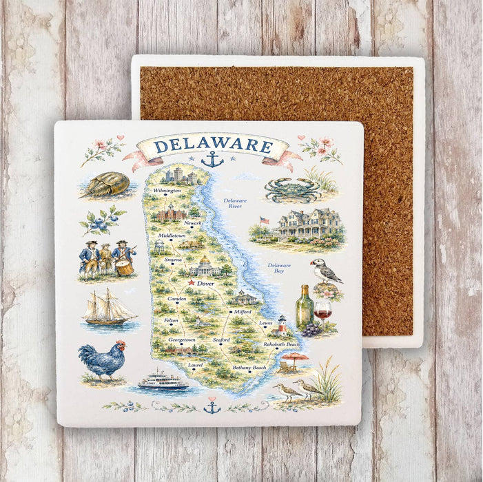Delaware State Map Landmark Stone Coaster