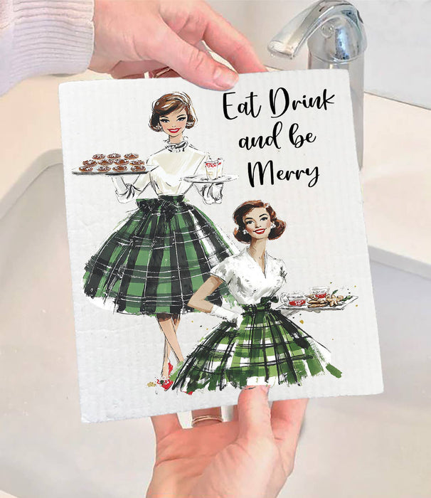 Retro Christmas Ladies Eat and be Merry Swedish Dishcloth