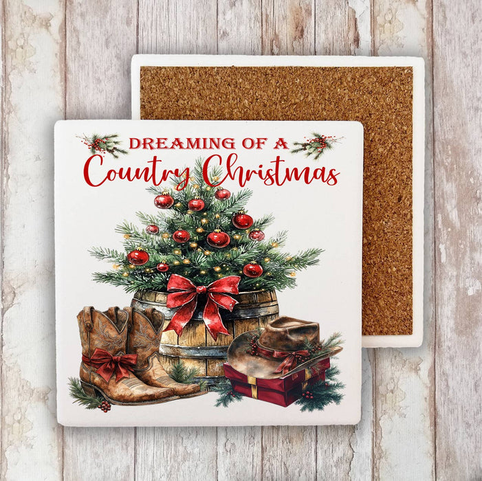 Country Christmas Western Cowboy Boots Stone Coaster