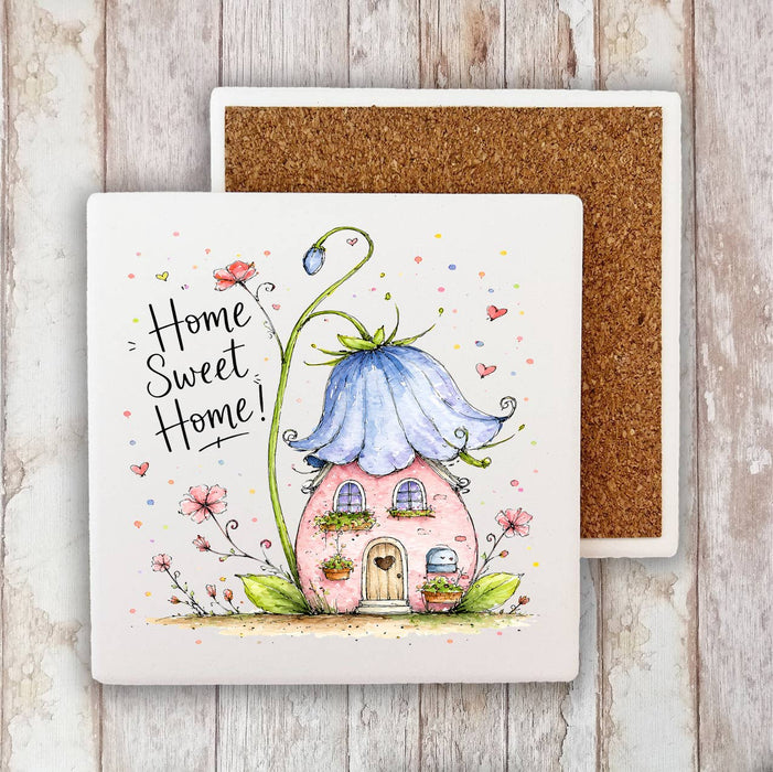 Home Sweet Home House Flowers Stone Coaster