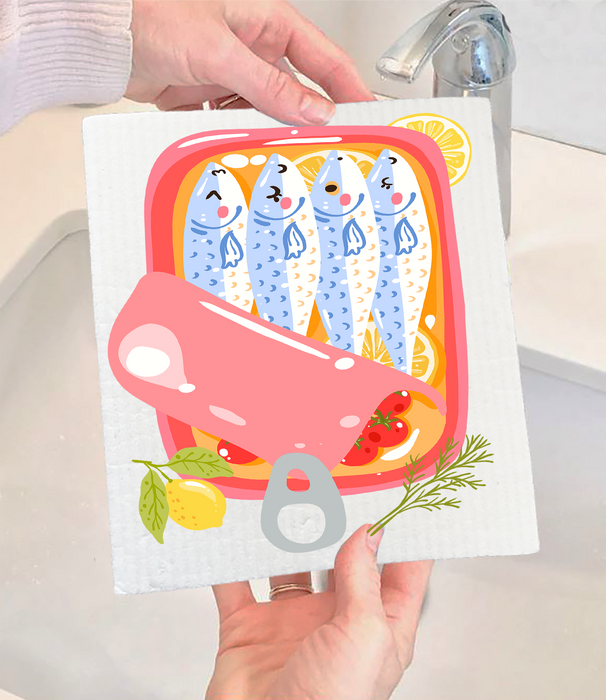 Cute Sardines Tinned Fish Coastal Swedish Dishcloth