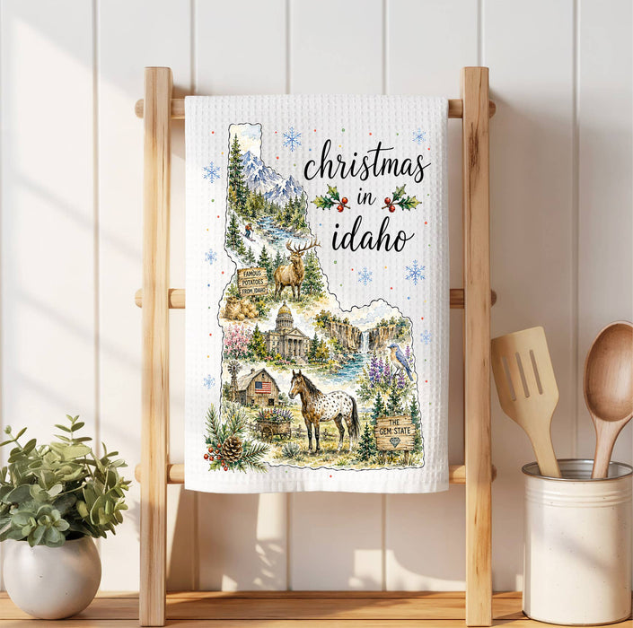 Christmas in Idaho State Map Waffle Weave Towel